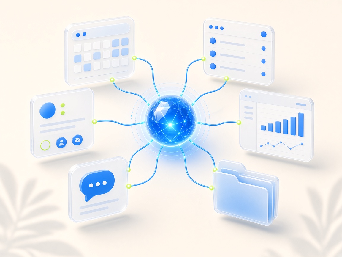 AI agent core connected to calendar, email, charts, and tools